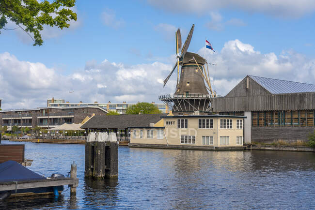 Paesi Bassi, Olanda Meridionale, Leida, Reno canale fluviale con storico mulino a vento DHeesterboom sullo sfondo — Foto stock