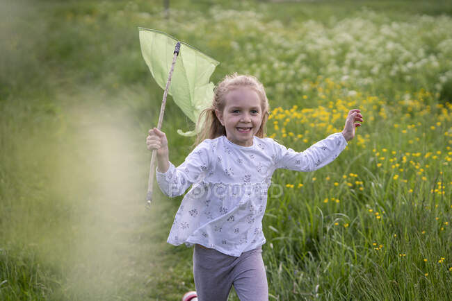 Усміхнена дівчинка з сіткою метелика біжить по трав 