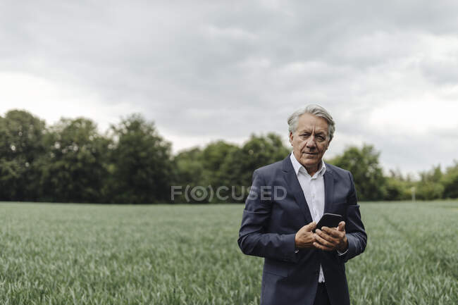 Portrait d'un homme d'affaires senior tenant un smartphone sur un terrain à la campagne — Photo de stock