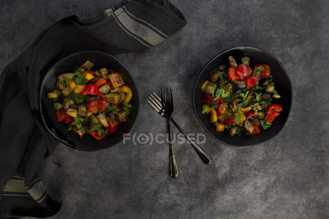 Two bowls of stir-fried vegan salad with eggplants, paprika and parsley — Stock Photo