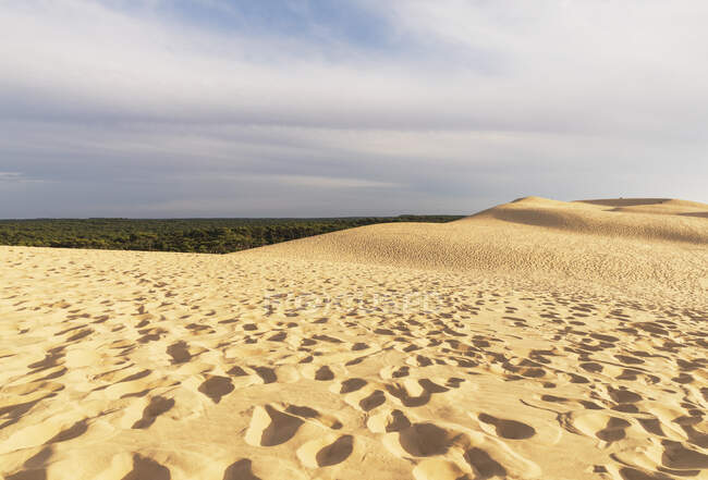 Dune of Pilat against cloudy sky during sunny day, Dune of Pilat, Nouvelle-Aquitaine, France — Stock Photo