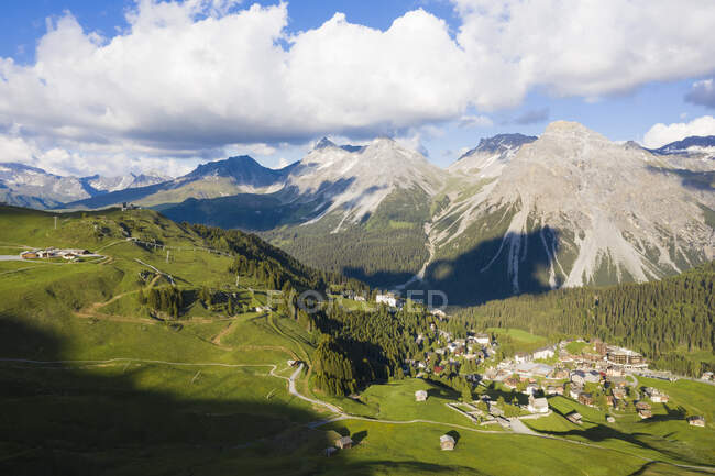 Switzerland, Canton of Grisons, Arosa, Aerial view of mountain resort town in summer — Stock Photo