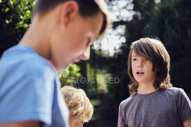 Niños hablando mientras están en el bosque durante el día soleado - foto de stock