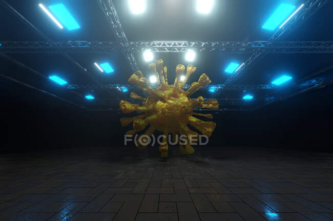 Renderizado tridimensional de células gigantes de coronavirus dentro de almacén oscuro - foto de stock
