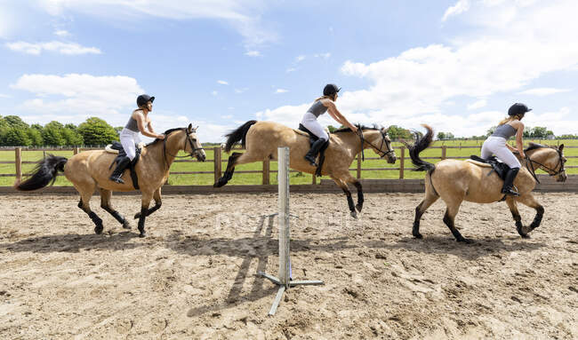 Jeune femme monter à cheval et sauter par-dessus l'obstacle — Photo de stock