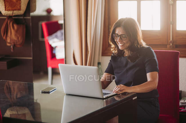 Souriant belle femme d'affaires travaillant à la maison tout en utilisant un ordinateur portable dans le salon — Photo de stock