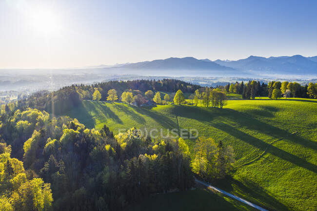 Germania, Baviera, Buchberg, Drone vista sul paesaggio verde della campagna all'alba primaverile nebbiosa — Foto stock