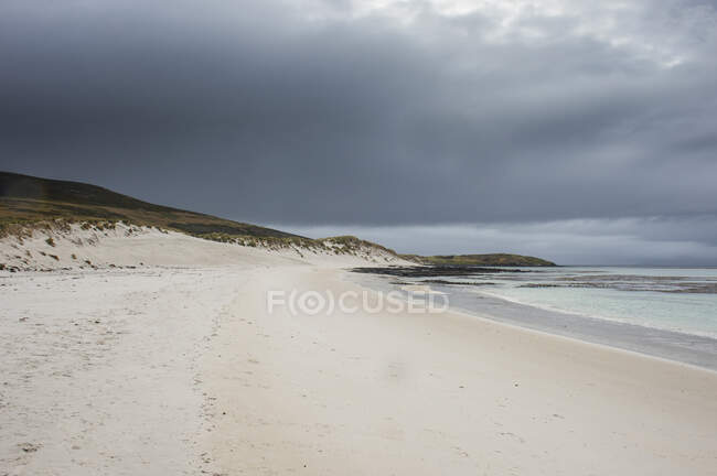 UK, Falkland Islands, Cloudy sky over sandy beach of Carcass Island — Stock Photo