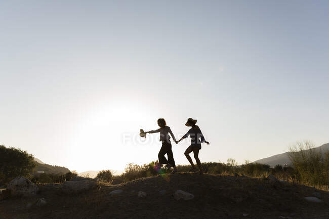 Des amies se tenant la main en marchant sur une colline à la campagne — Photo de stock