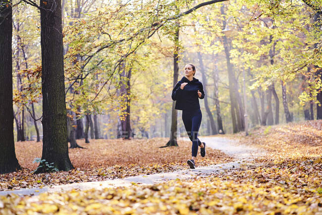 Junge Frau joggt im Herbstwald — Stockfoto