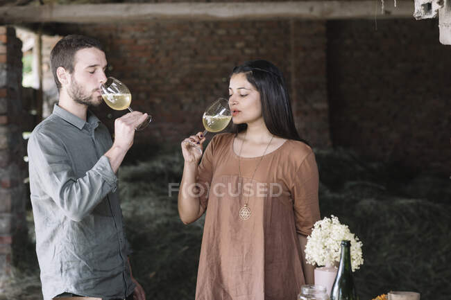 Пара п'є коктейль, що стоїть в сараї — стокове фото
