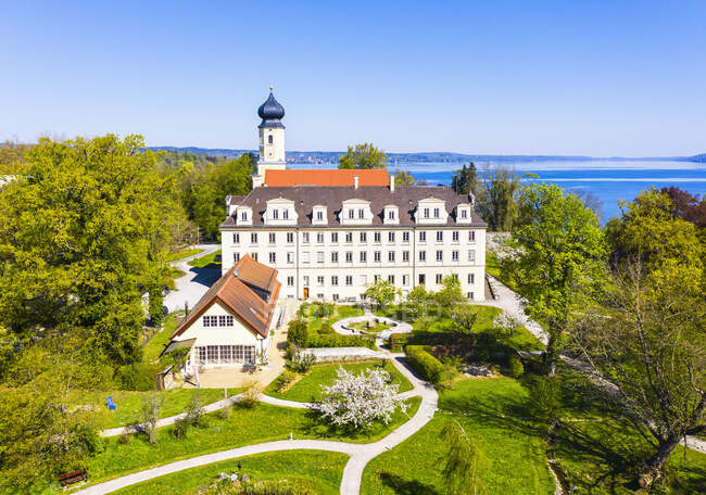 Germany, Bavaria, Bernried am Starnberger See, Drone view of Bernried Abbey in spring — Stock Photo