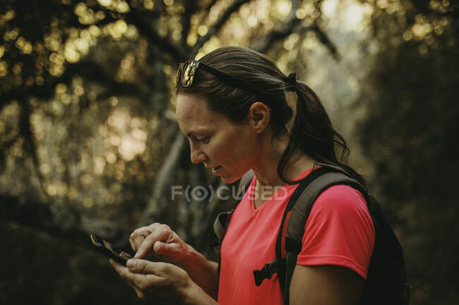 Trekker usando o telefone celular enquanto estava em Sierra De Hornachuelos, Córdoba, Espanha — Fotografia de Stock