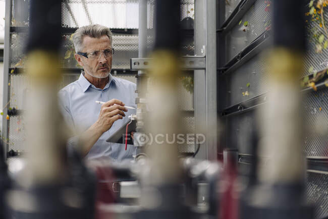 Professionista maschio con tablet digitale esaminando apparecchiature di irrigazione in serra — Foto stock