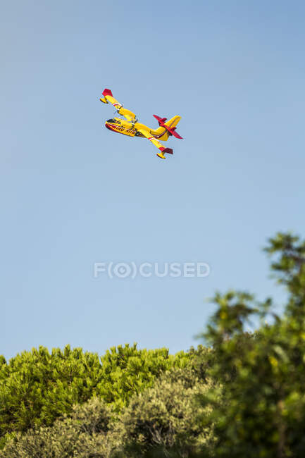 Avion aérien de lutte contre les incendies descendant chercher de l'eau, Corse, France — Photo de stock