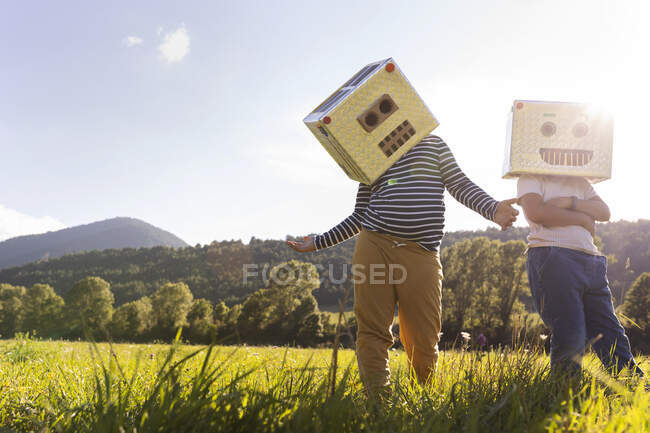 Boys enjoying while playing with robot cardboard box in meadow - foto de stock