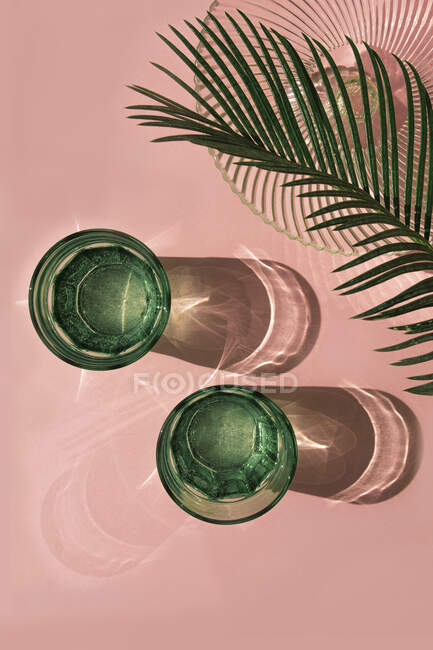 Studio shot of palm leaves, glass bowl and two glasses of carbonated water — Stock Photo