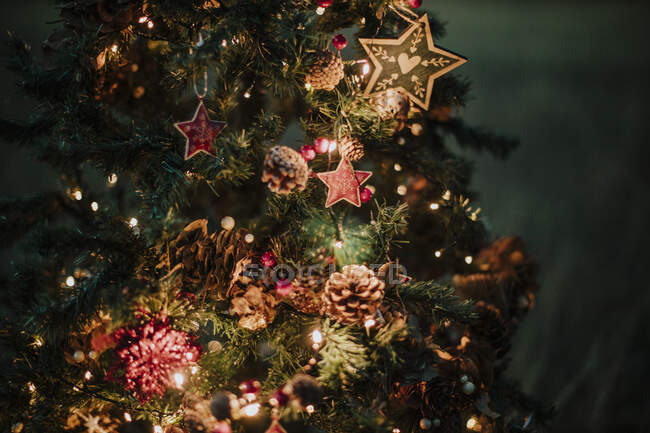 Primer plano del árbol de Navidad iluminado por la noche - foto de stock