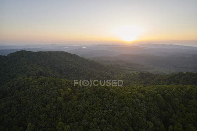 Aerial view of Appalachian forest at foggy sunrise — Stock Photo