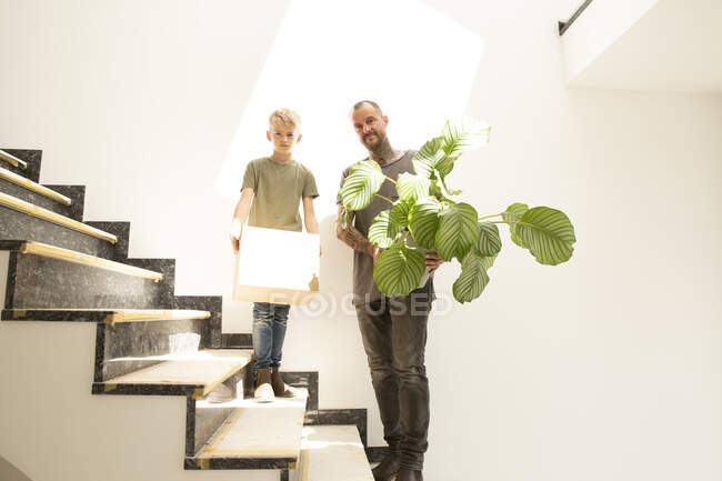 Padre che porta Calathea e figlio con scatola in piedi su una scala contro il muro nella nuova casa — Foto stock