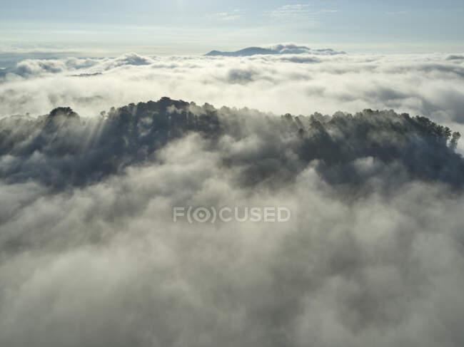 Veduta aerea di basse nuvole che avvolgono colline boscose — Foto stock