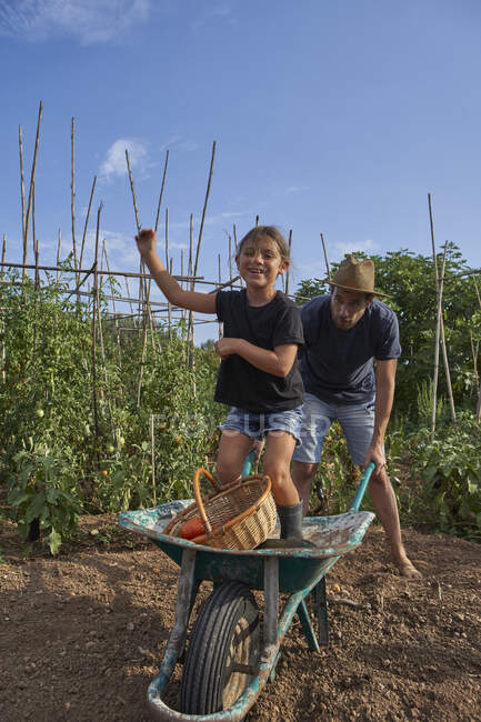 Père et fille s'amusent avec la brouette dans le jardin — Photo de stock