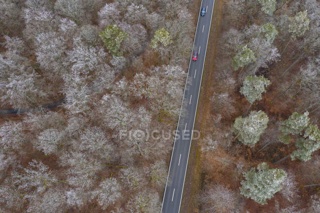 Germany, Bavaria, Drone view of cars driving along asphalt road cutting through Steigerwald forest in winter — Stock Photo