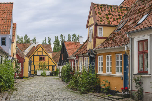 Denmark, Region of Southern Denmark, Aeroskobing, Old town houses along cobblestone street — Stock Photo