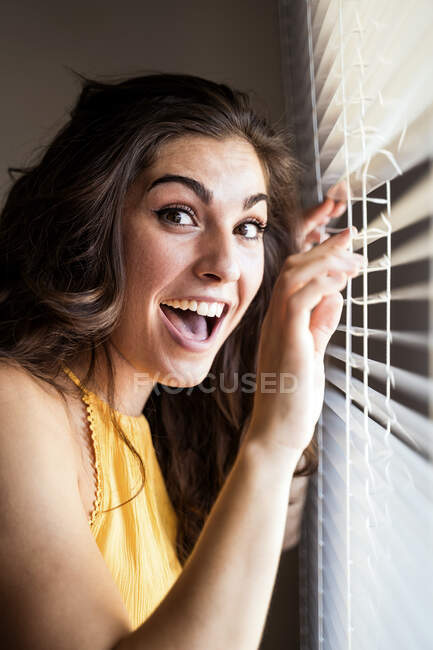 Весела молода жінка з довгим коричневим волоссям, що стоїть на жалюзях вдома — стокове фото