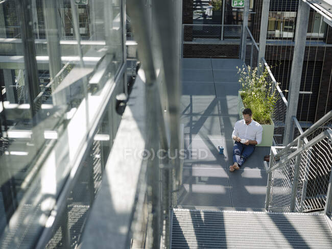 Businessman with coffee sitting on floor in greenhouse — Stock Photo