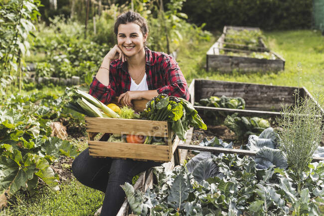 Усмішка молода жінка сидить з овочами в ящику на піднесеному ліжку на городі. — стокове фото
