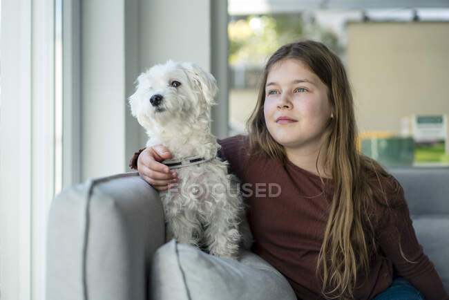 Linda chica con perro mirando en la sala de estar - foto de stock