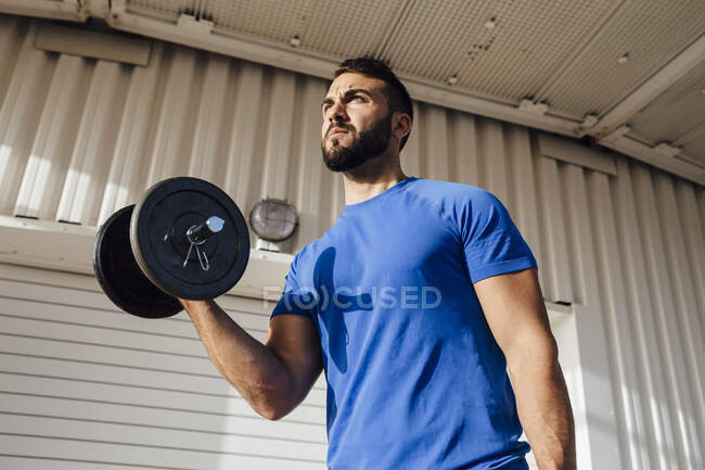 Sportsman lifting dumbbell while standing against wall — Stock Photo