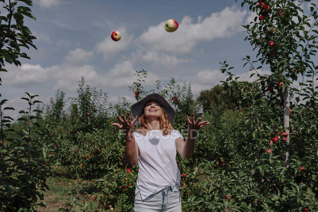 Серед дорослої жінки, яка кидає яблука в повітря, стоячи серед дерев у саду. — стокове фото