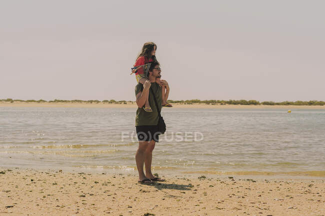 Padre llevando a su hija en hombros mientras está de pie en la playa contra el cielo despejado durante el día soleado - foto de stock