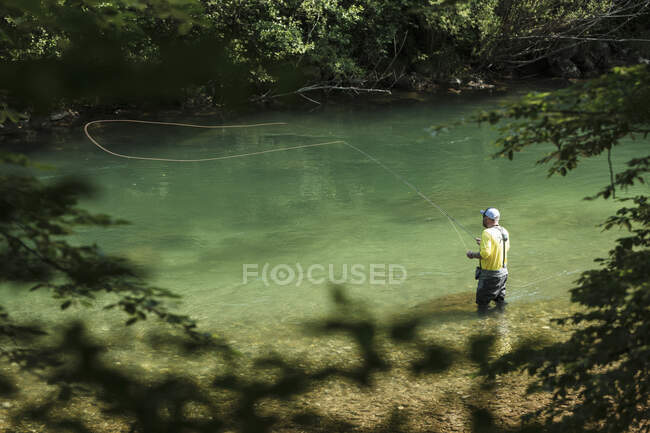 Pesca con mosca en el río Savinja - foto de stock