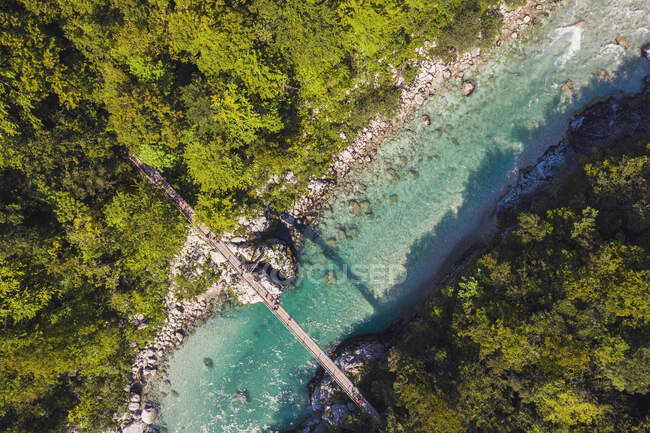 Drone shot of suspension bridge over Soca river at Kobarid, Slovenia — Stock Photo