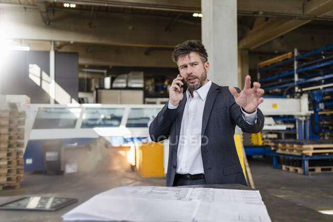 Reifer Geschäftsmann diskutiert am Handy, während er in der Fabrik arbeitet — Stockfoto