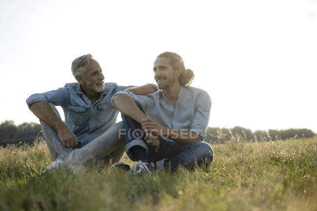 Зрілий батько з дорослим сином сидить на лузі в сільській місцевості. — стокове фото