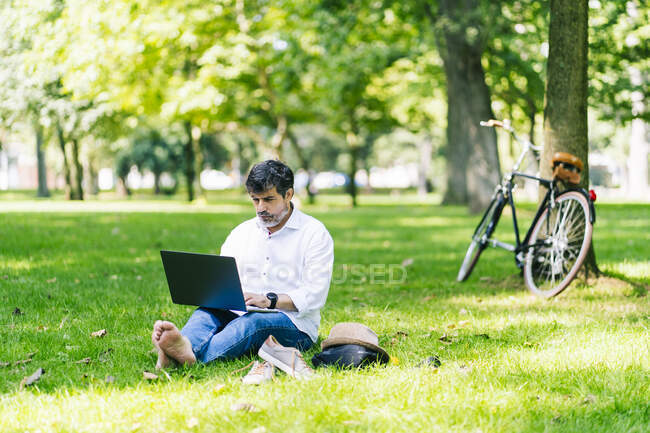 Hombre maduro usando portátil mientras está sentado en la hierba en el parque público - foto de stock