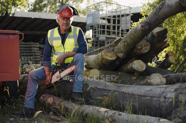 Homme ridé tenant une tronçonneuse assis au-dessus d'une bûche dans la forêt — Photo de stock