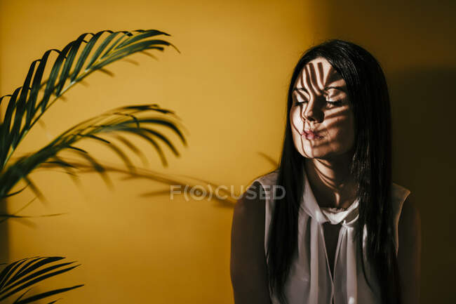 Contemplating woman with leaf shadow on face against yellow wall — Stock Photo