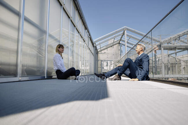 Бизнес-специалисты обсуждают, сидя на пешеходном мосту в теплице — стоковое фото