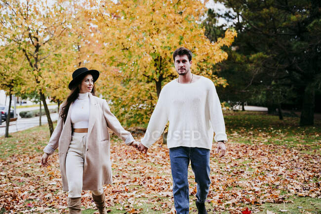 Улыбающиеся молодые пары держатся за руки на дереве осенью — стоковое фото