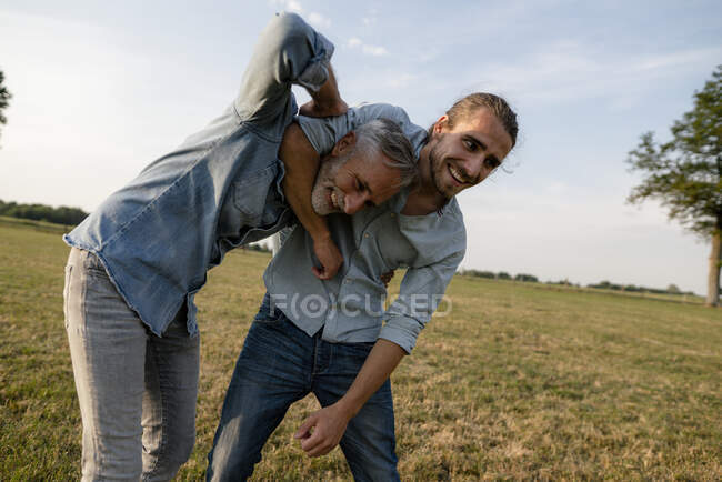 Feliz padre e hijo adulto peleando en un prado en el campo — Emocional,  padres - Stock Photo | #479980128