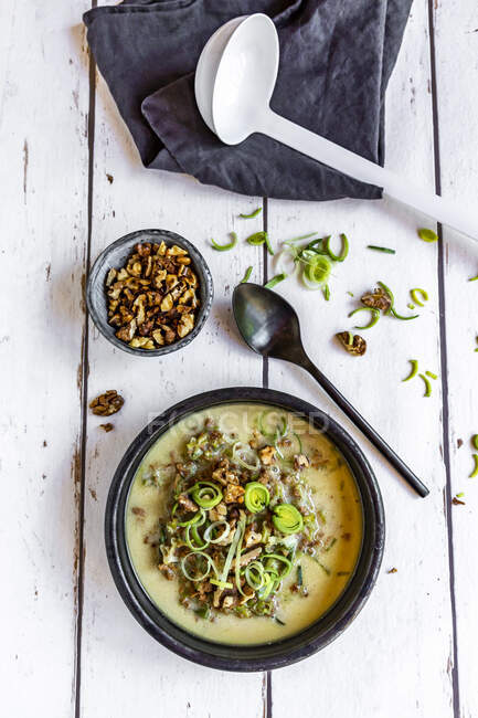 Bowl of vegetarian leek soup with cheese and roasted walnuts — Stock Photo