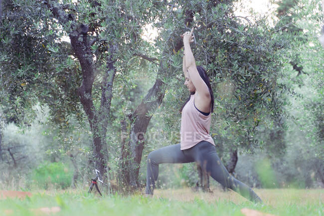 Mujer madura durante el yoga en el parque - foto de stock