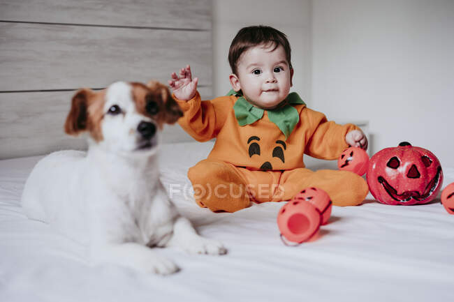 Menino usando traje de Halloween sentado com o cão na cama em casa — Fotografia de Stock