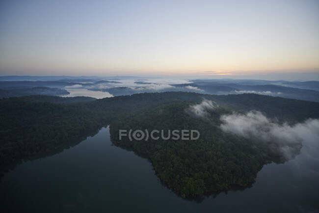 Vista aérea da margem do lago arborizada ao amanhecer nebuloso — Fotografia de Stock