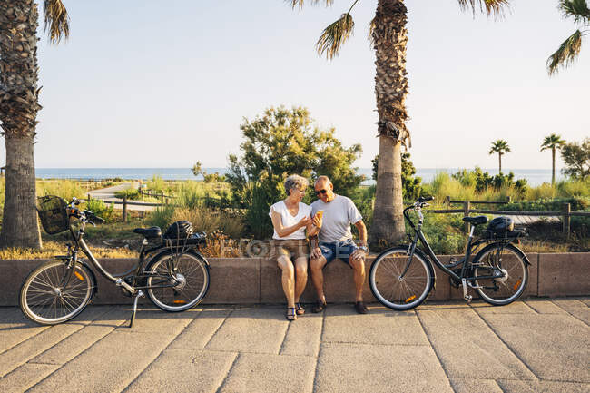 Casal sênior usando telefone celular enquanto está sentado de bicicleta no parque durante a pandemia — Fotografia de Stock